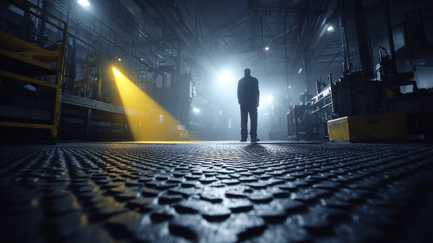 Factory worker on anti-fatigue floor mats under dramatic yellow lighting
