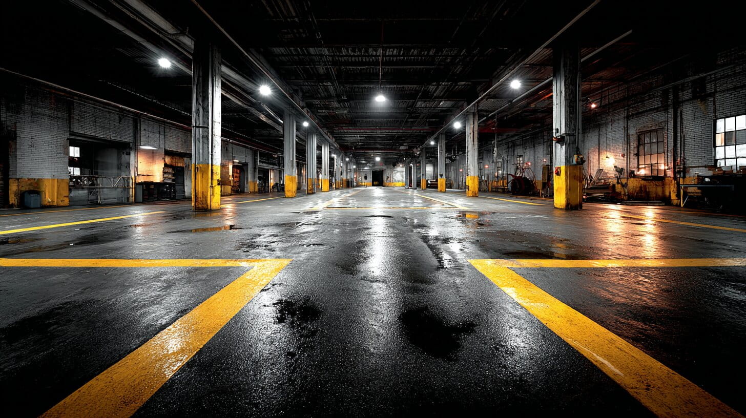 Dark warehouse with black safety floor tiles and yellow hazard markings