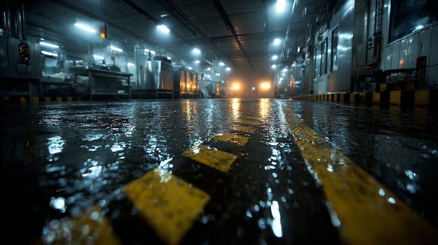 Food processing facility with black drainage floor tiles and yellow safety edging