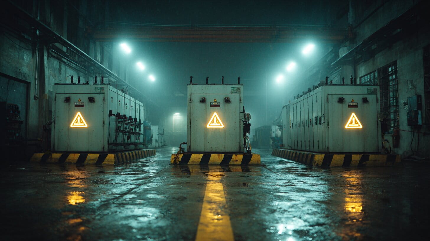 Industrial electrical substation with high-voltage switchgear illuminated by yellow safety lighting