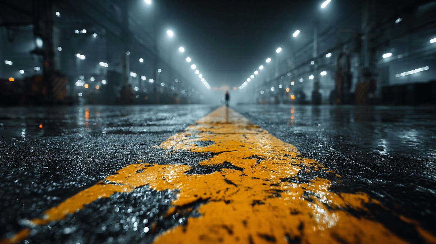 Industrial factory entrance with yellow safety markings and wet floor under dramatic lighting
