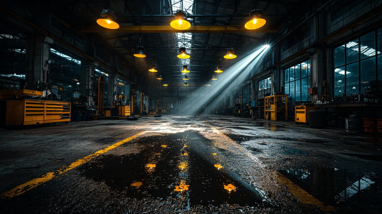 Dark industrial workshop floor with dramatic yellow safety lighting and wet reflective surfaces