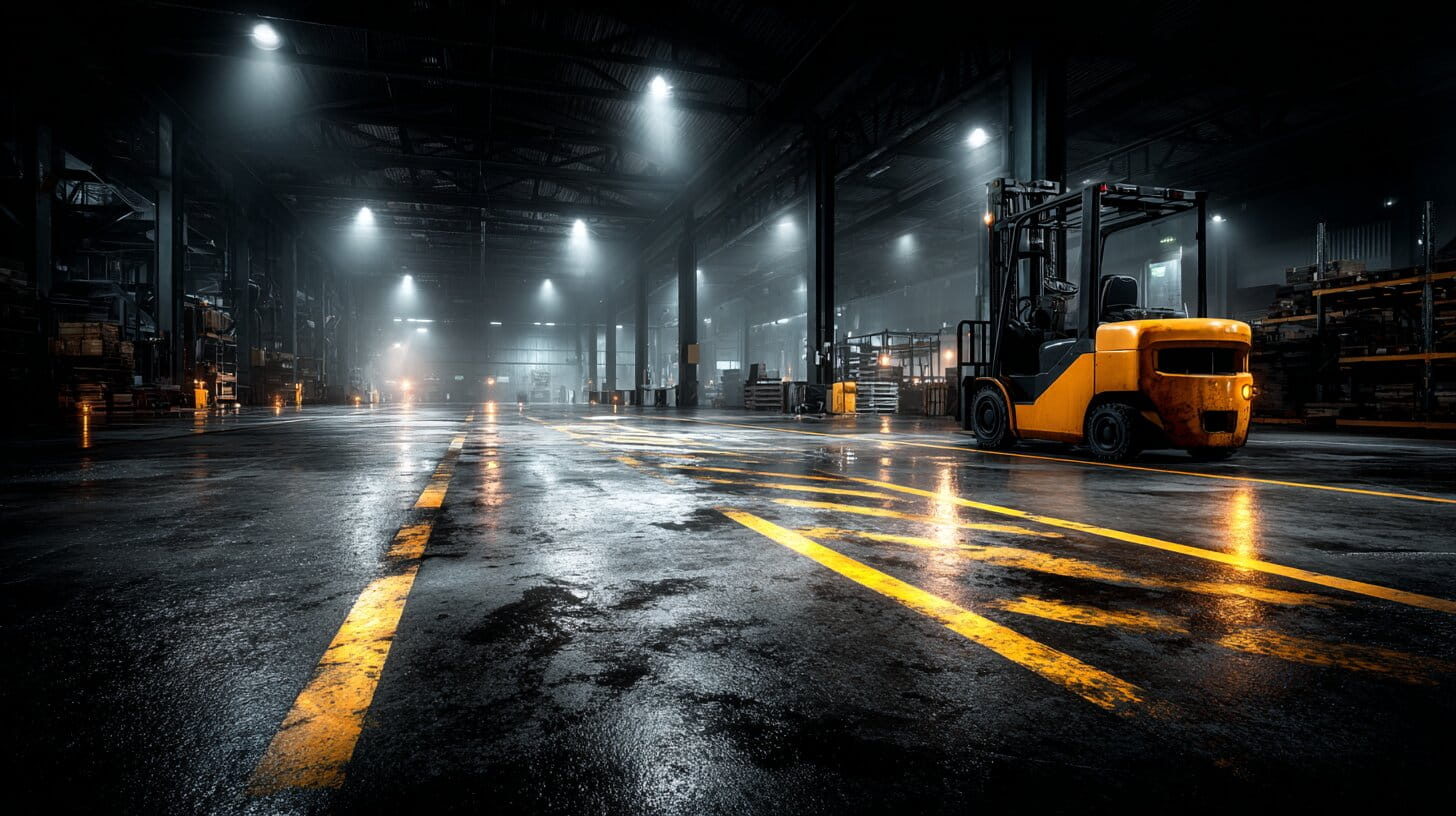 Dark industrial warehouse interior with yellow safety floor markings and dramatic lighting